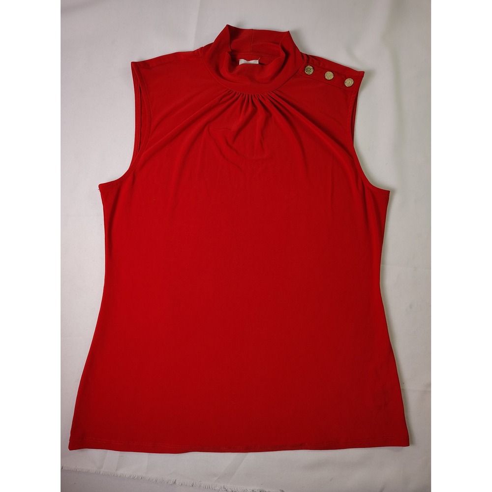 Anne Klein Top S Red Sleeveless Mock Neck Blouse Gold Accent Shoulder Button
